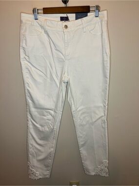NYDJ Size 12 White Stretch Denim Lift Tuck Crop Jeans Embellished Cuffs NWT